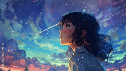 Anime fantasy scene. Cute adorable girl looking at the stars at night. Lo-fi chill vibes. Beautiful colorful night. Moody video for chill music. Relaxing hip-hop feelings vibes. Sad woman in love.