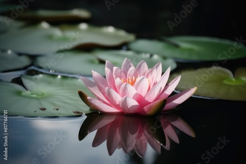 Pink and yellow lotus flower and leaves on dark water, created using generative ai technology