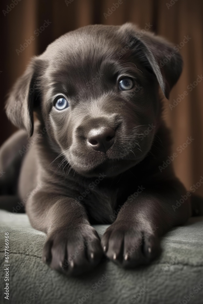 Portrait of cute brown puppy with blue eyes lying on sitting, created using generative ai technology