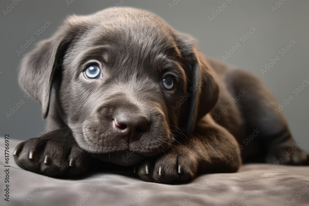 Portrait of cute grey puppy with blue eyes lying on sitting, created using generative ai technology Portrait of cute grey puppy with blue eyes lying on sitting, created using generative ai technology