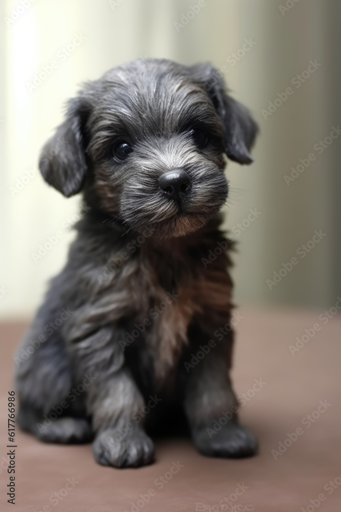 Portrait of cute grey puppy with dark eyes lying on sitting, created using generative ai technology Portrait of cute grey puppy with dark eyes lying on sitting, created using generative ai technology