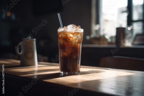 Glass of iced black coffee on wooden counter in sun, created using generative ai technology