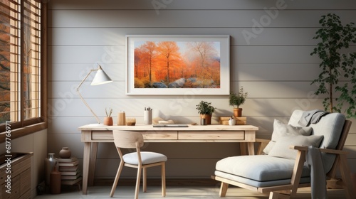 Poster mock up in home interior background  home office  Scandi-boho style   3d  render. Created with generative ai.