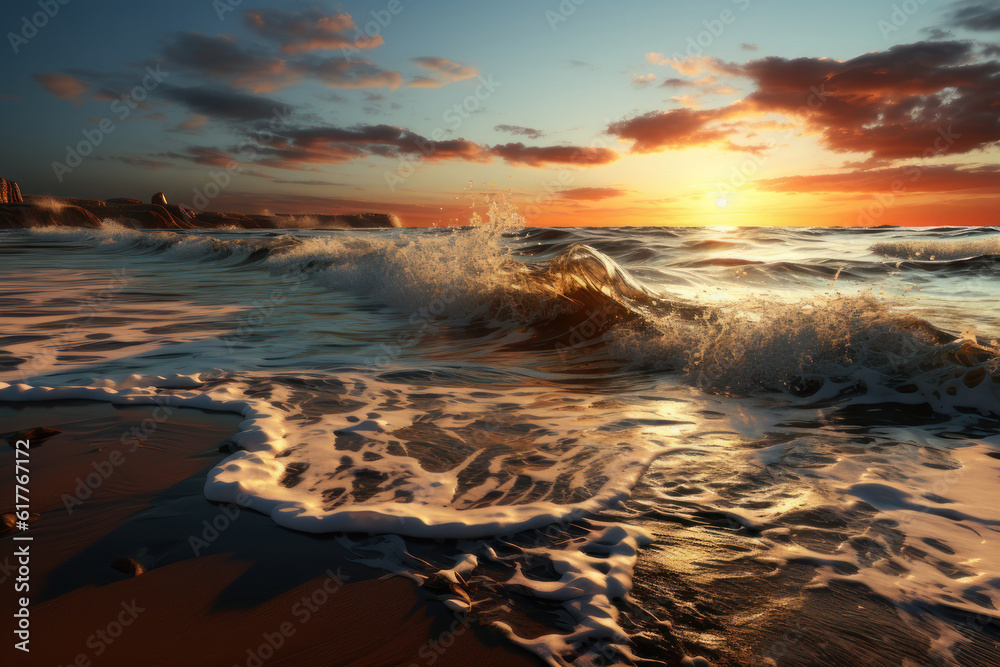 Sea waves on a tropical beach at sunset, background. AI generative.