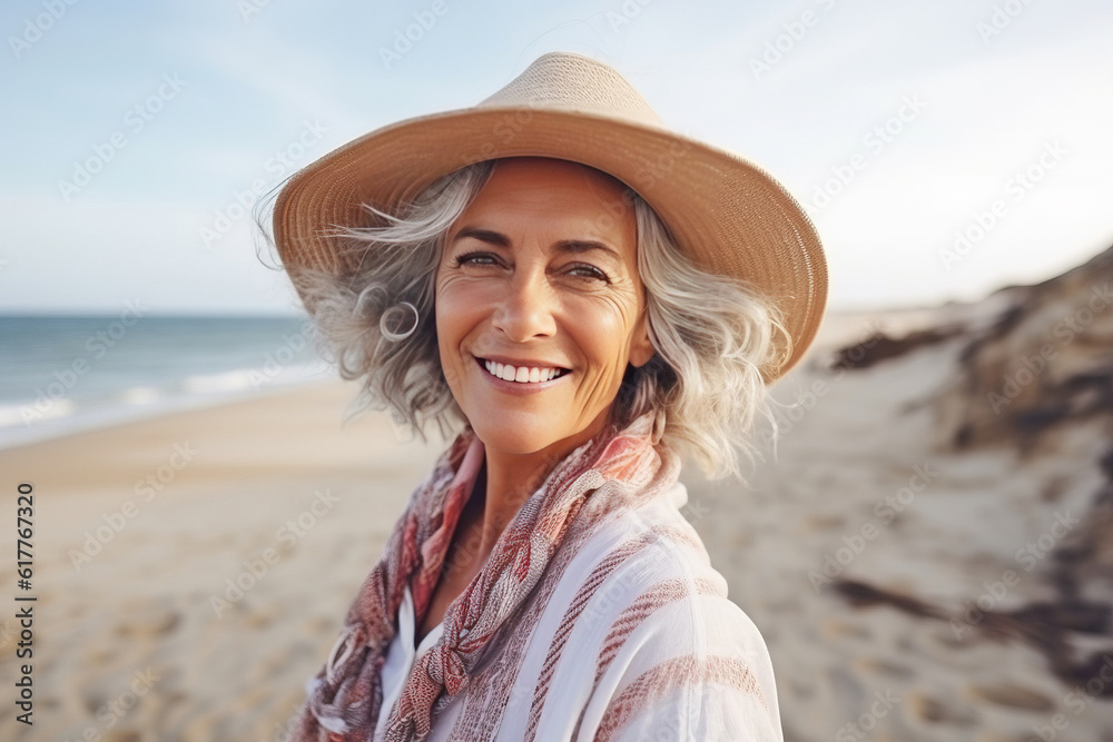 Close up portrait of mature senior woman on beach. Generative AI
