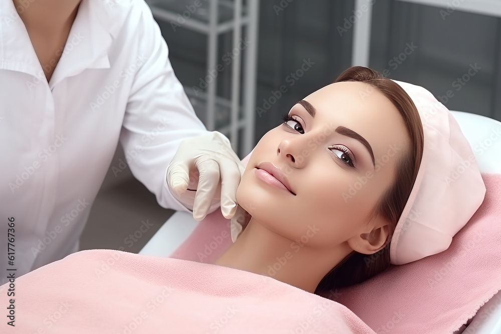 Cosmetologist in gloves checking face of beautiful woman. Generative AI