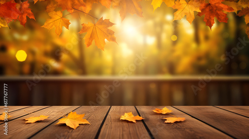 autumn background, border of radiant orange, gold, and red maple leaves frames a sunlit scene, where soft bokeh and weathered wooden table planks complete the serene composition. generative ai