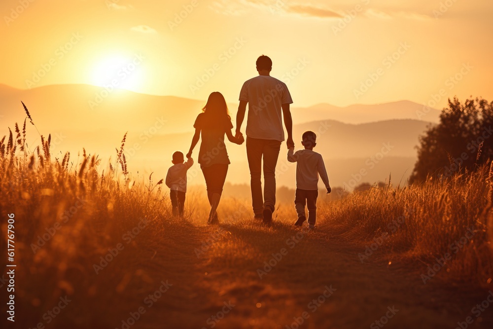 Happy family father, mother and child daughter launch a kite on nature at sunset. Generative AI