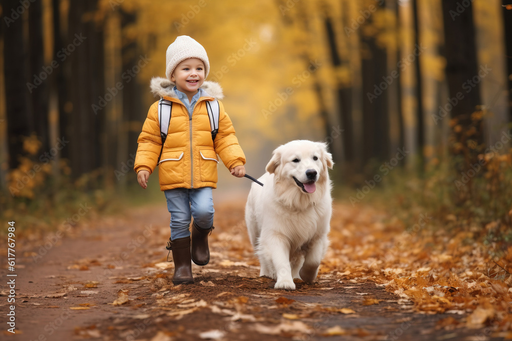 Happy joyful little boy walking with dog white golden. Generative AI Happy joyful little boy walking with dog white golden. Generative AI