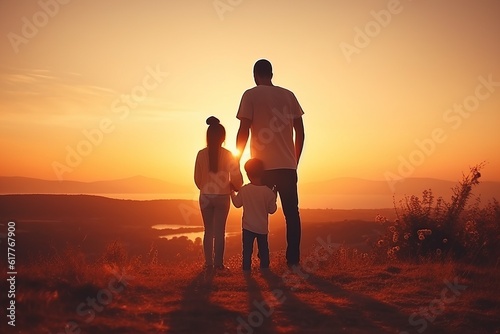 Happy family father  mother and child daughter launch a kite on nature at sunset. Generative AI