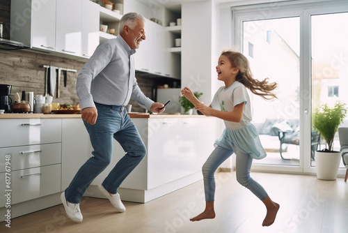 Happy grandfather and granddaughter dancing to music. Generative AI