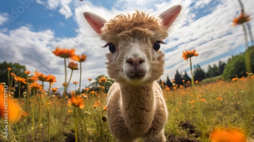 Close up of Alpaca Looking Straight Ahead in the beautiful meadow.