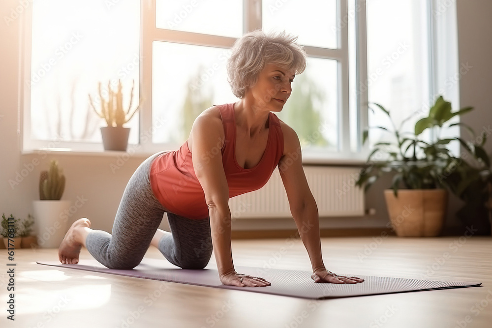 Healthy Athletic Fit Middle Aged Woman Training on at home. Generative AI Healthy Athletic Fit Middle Aged Woman Training on at home. Generative AI
