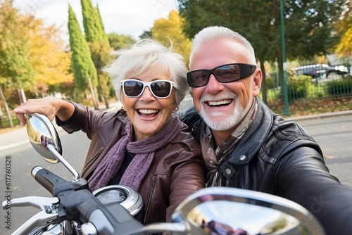 Mature senior couple on motorbike in style of selfie. Generative AI © wolfhound911