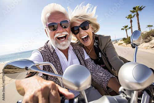 Mature senior couple on motorbike in style of selfie. Generative AI