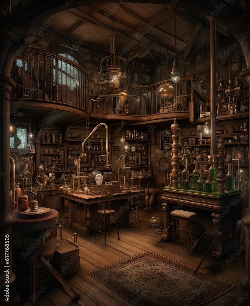 Victorian Laboratory: A fantastical representation of a Victorian-era scientific lab with all kinds of period-specific tools and instruments.