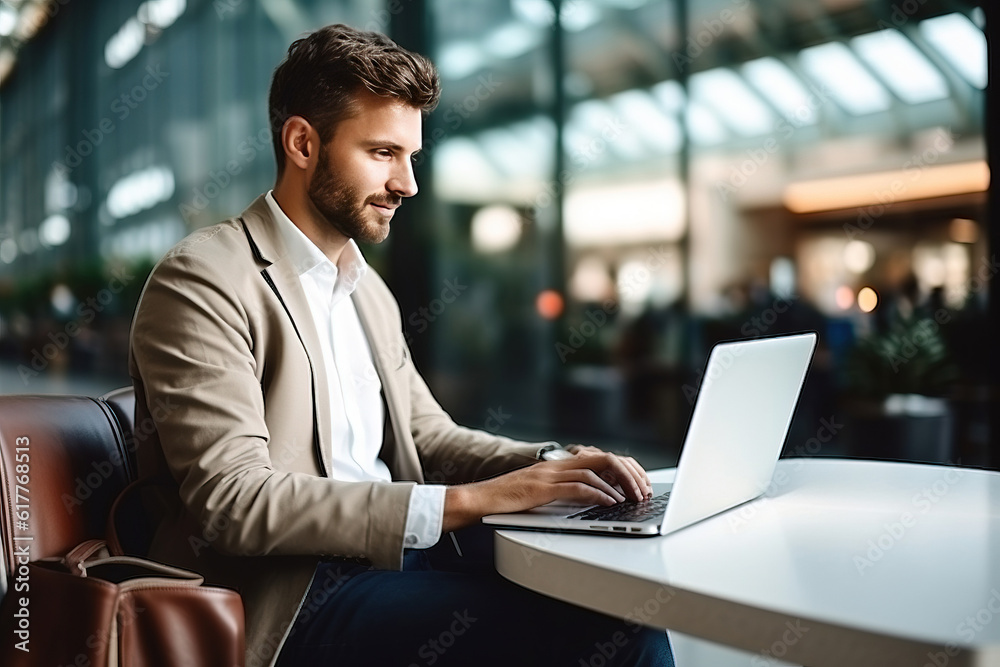 Modern Airport Terminal Handsome Businessman Working. Generative AI Modern Airport Terminal Handsome Businessman Working. Generative AI