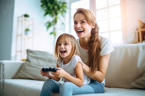 Mother and daughter laugh and play video games together. Generative AI