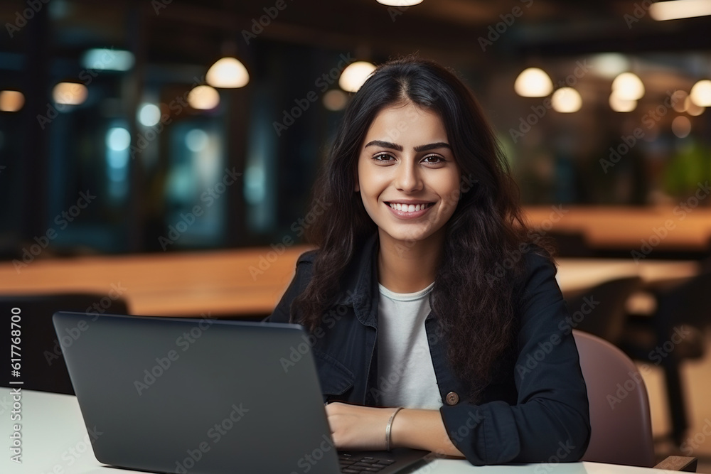 Portrait of a Happy Smiling Female, Using Laptop Computer, Looking at Camera and Smiling. Empowered Information Technology Specialist, Software Engineer or Developer. Generative AI Portrait of a Happy Smiling Female, Using Laptop Computer, Looking at Camera and Smiling. Empowered Information Technology Specialist, Software Engineer or Developer. Generative AI