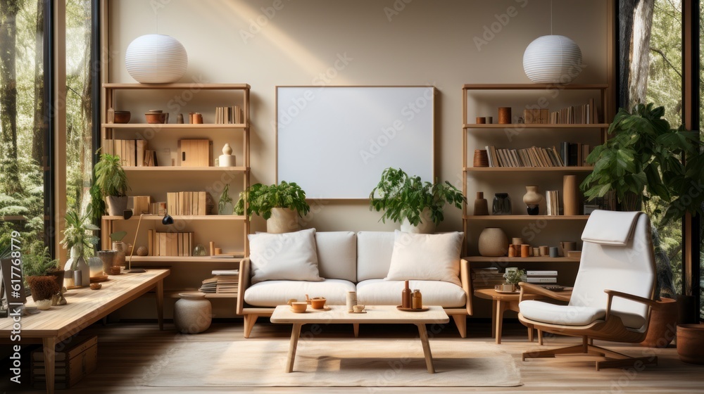 Fototapeta premium Poster mock up in home interior background, home office, Scandi-boho style,&nbsp;3d&nbsp;render. Created with generative ai.