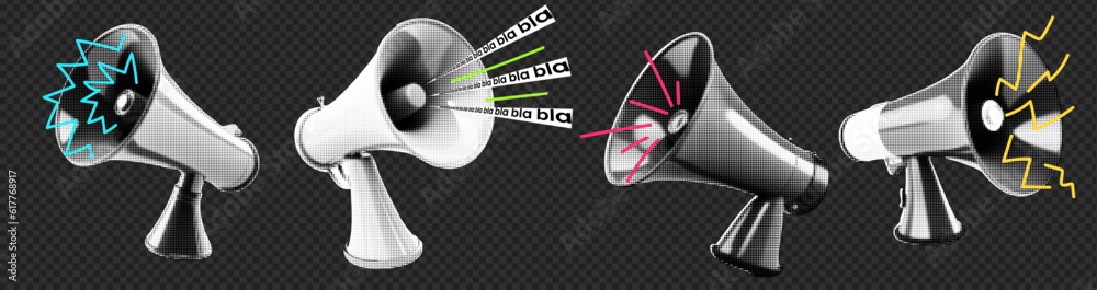 Fototapeta Loudspeakers for collage. Pack of megaphones on transparent background. Vector halftone illustration with elements of a doodle. Grunge punk set. Lightning blah lines