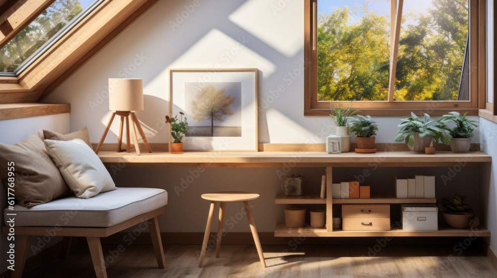 Fototapeta premium Poster mock up in home interior background, home office, Scandi-boho style,&nbsp;3d&nbsp;render. Created with generative ai.