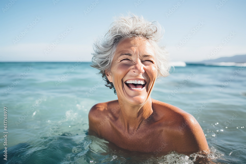 Portrait of mature senior woman in the sea . Generative AI