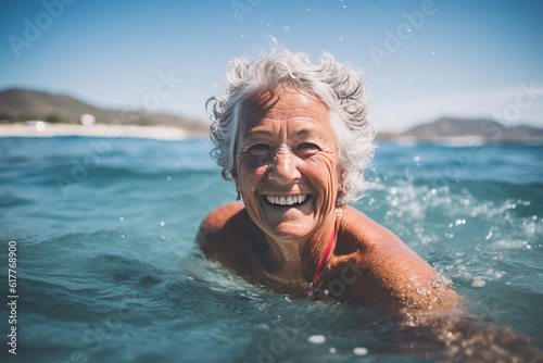 Portrait of mature senior woman in the sea . Generative AI © wolfhound911