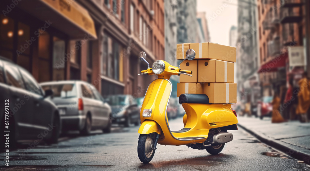 A yellow scooter parked on the city street with a stack of cardboard boxes on the trunk. Concept of courier delivery service.