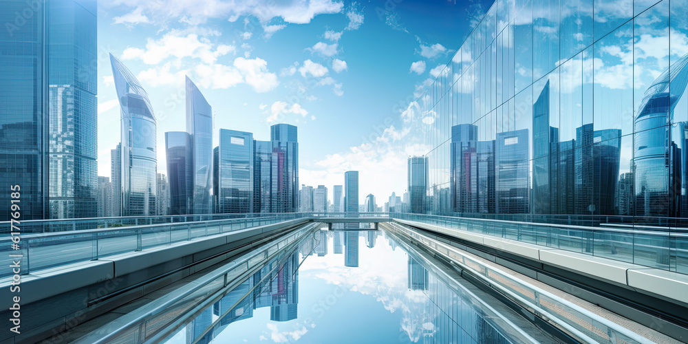 Fototapeta premium Cityscape, glass futuristic skyscrapers on the blue sky background.