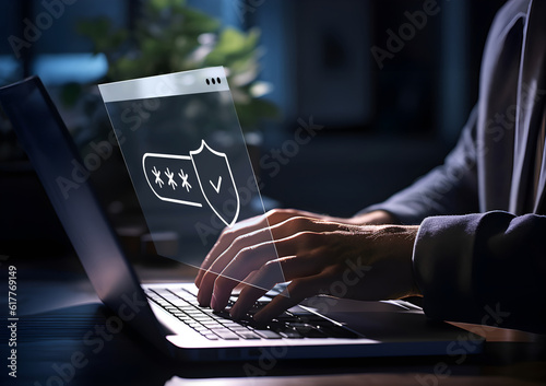 Cyber security concept. Businessman holding shield protect security