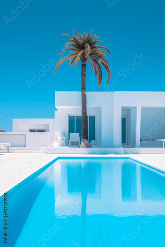 luxurious home, outdoor living concept with private oasis, modern minimalist architecture design, backyard swimming pool and palm tree, fictional architecture created with generative ai