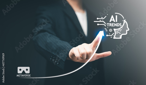 Businessman hand use magnifying glass Search for Ai Trends information. Using Search Console for Trends data, info, Searching On Virtual Screen Data Search Technology Search Engine Optimization.