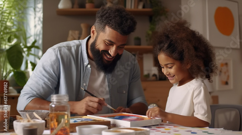 Teaching children. Happy ethnic family father painting together with cute daughter, medium shot, profile, commercial shot, hyper-realistic details, simple background. Generative AI