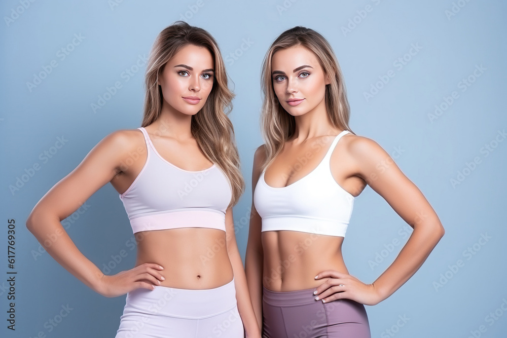 Two fit young women stand together in sportswear, embracing a healthy lifestyle in the studio clean background. Generative AI Two fit young women stand together in sportswear, embracing a healthy lifestyle in the studio clean background. Generative AI