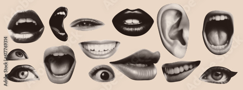Punk collage elements. Eyes and lips and ear in halftone treatment. Retro magazine clippings. Vintage Vector illustration