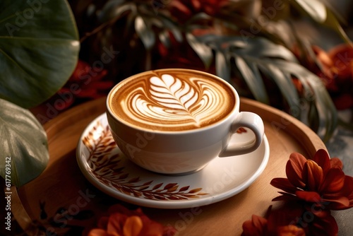 Handcrafted coffee with latte art in a white cup with desk background - Generative AI