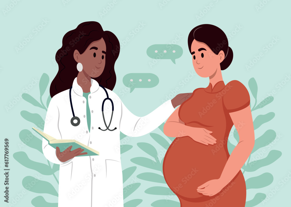 Black female doctor in white medical uniform talking about results or symptoms with chinese pregnant woman. Black female doctor in white medical uniform talking about results or symptoms with chinese pregnant woman.