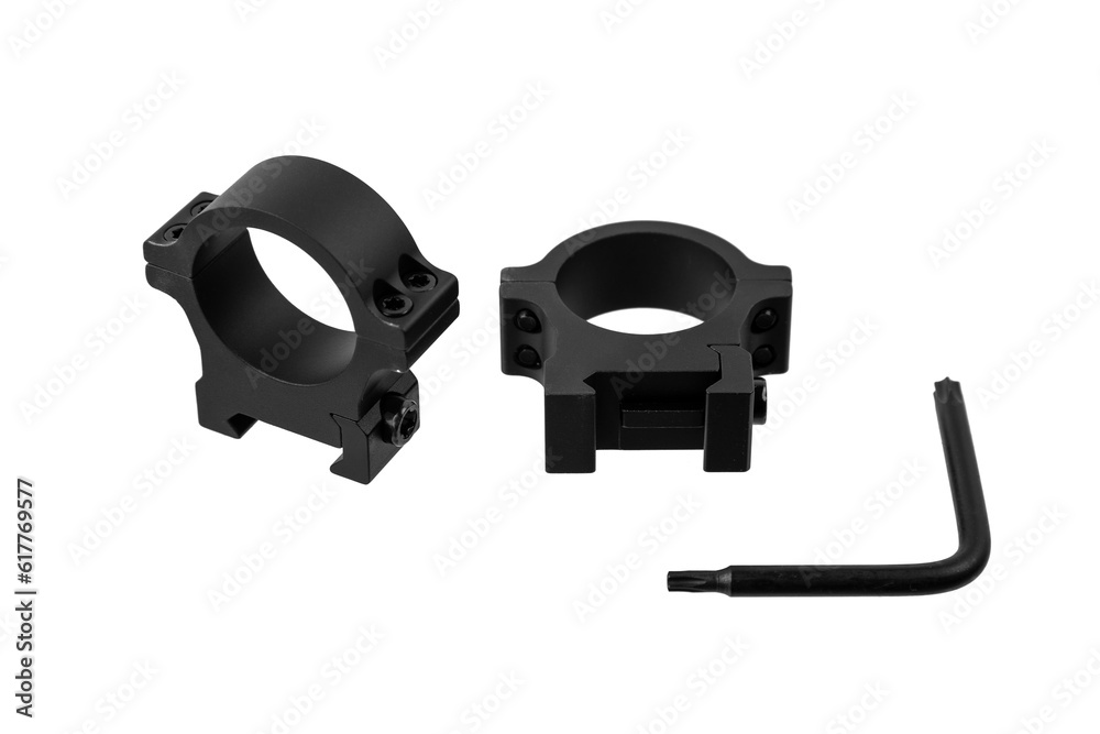 Obraz premium Quick disconnect mount made for holding a scope on a rifle isolated on white back. Quick Release Sniper Cantilever Scope Mount.