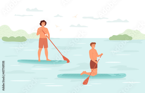 Men sup boarding on lake. Guy stands with paddle on board, male on his knees rides board on water. Bushes on background, clouds. Summer active weekend, vector illustration with people on landscape