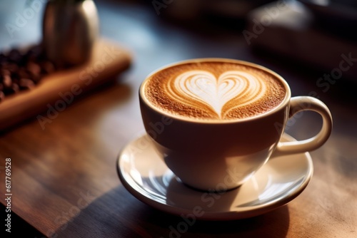 Handcrafted coffee with latte heart art in a brown cup with desk background - Generative AI