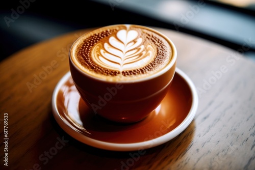 Handcrafted coffee with latte art in a brown cup with desk background - Generative AI