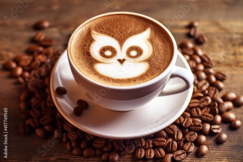 Handcrafted coffee with latte owl art in a white cup with desk background - Generative AI