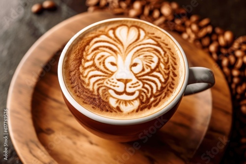 Handcrafted coffee with latte lion art in a cup with desk background - Generative AI