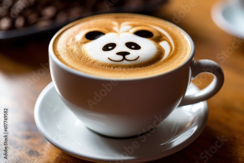 Handcrafted coffee with latte panda art in a brown cup with desk background - Generative AI