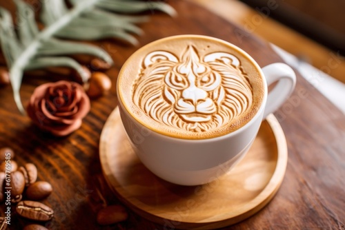 Handcrafted coffee with latte lion art in a white cup with desk background - Generative AI