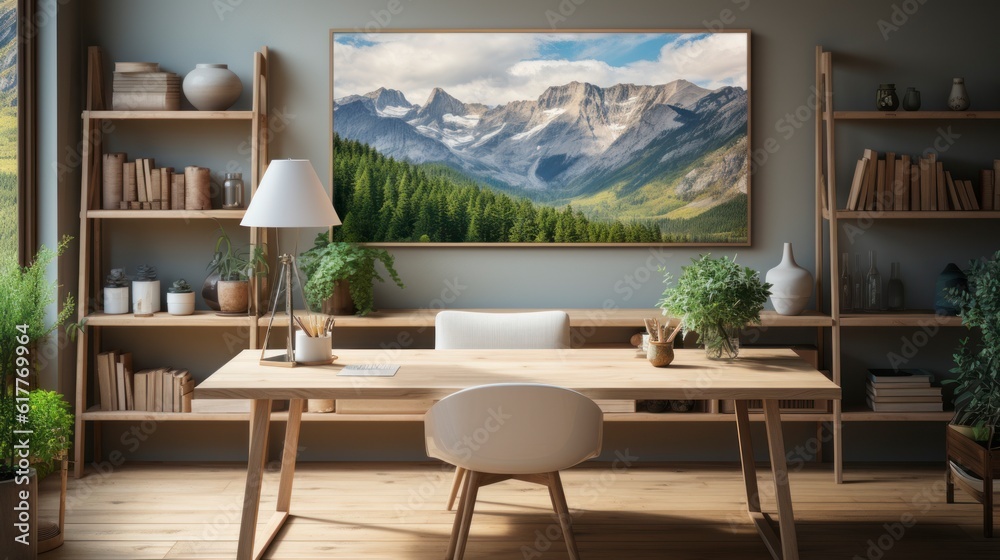 Fototapeta premium Poster mock up in home interior background, home office, Scandi-boho style,&nbsp;3d&nbsp;render. Created with generative ai.