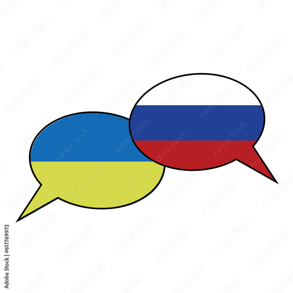 Ukraine and Russia chat bubbles, symbol of debate or talking, ukrainian flag and russian flag. Ukraine and Russia chat bubbles, symbol of debate or talking, ukrainian flag and russian flag.