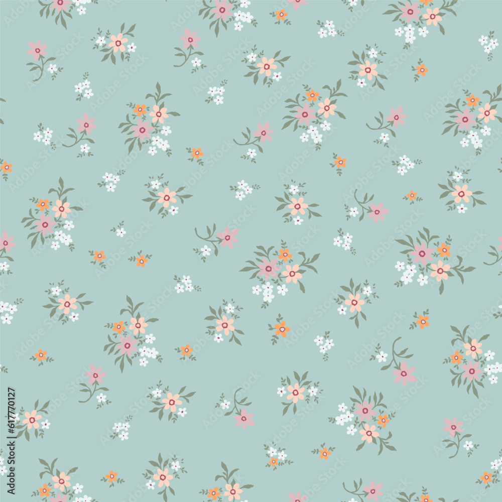 Fashionable pattern with small flowers on a light green background. Seamless botanical print with various floral elements. A collection of vintage textiles for fabrics and wallpapers. Fashionable pattern with small flowers on a light green background. Seamless botanical print with various floral elements. A collection of vintage textiles for fabrics and wallpapers.