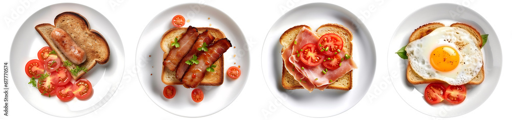 Toast bread with pork belly, egg, ham, sausage on white plate, top view with transparent background, smooth blur edge, Generative AI - obrazy, fototapety, plakaty 